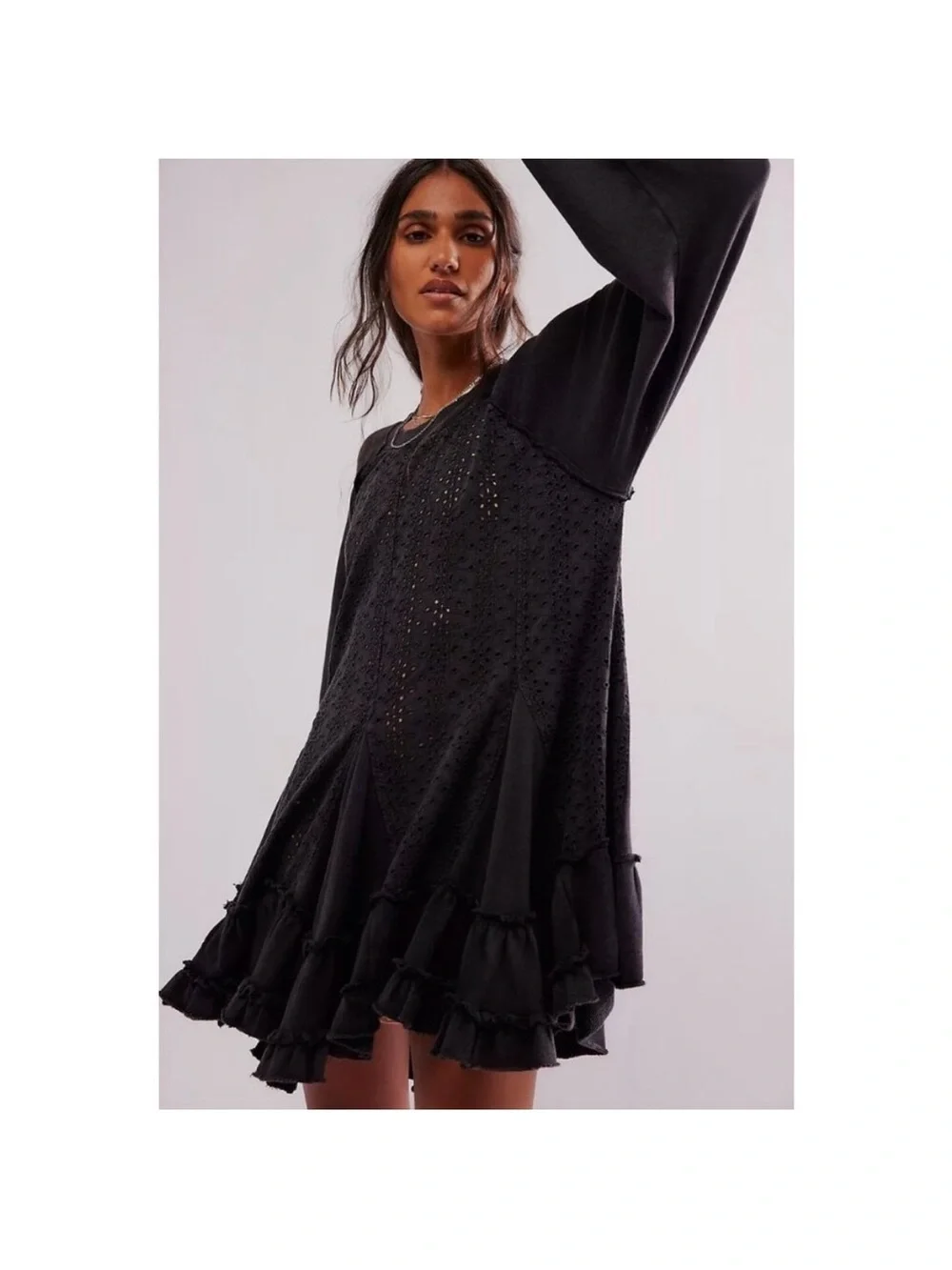 Free People Eva Black Eyelet Ruffle Hem Oversized  Boho Mini Dress Size Medium